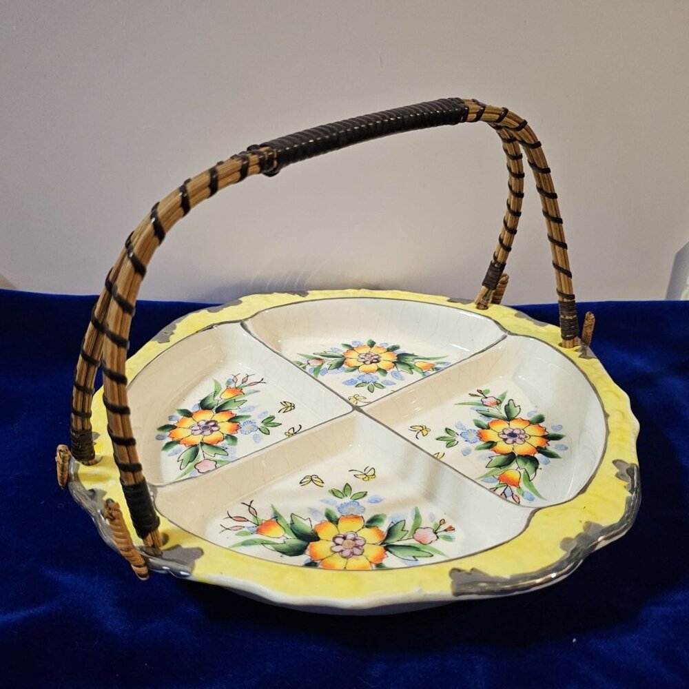 Vintage Ceramic Divided Serving Dish With Floral Design & Wicker Handle